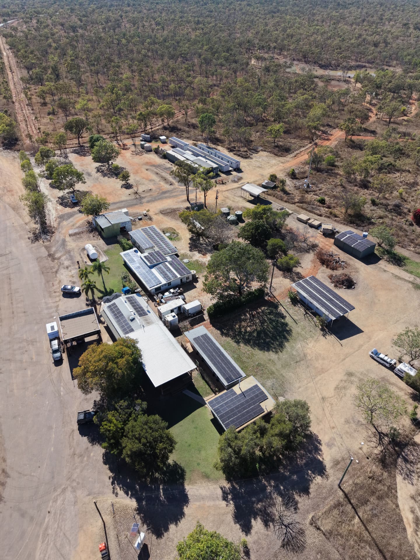 Aerial view of the roadhouse and surrounding ironbark country